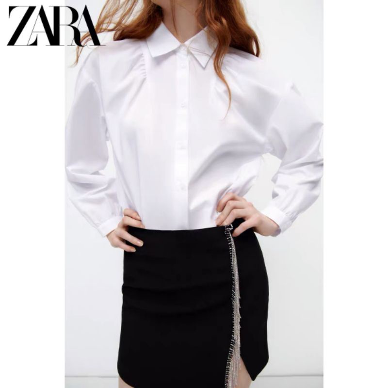 Áo sơ mi ZARA xuất xịn voan lụa trắng tay dài phồng dúng cổ đúc