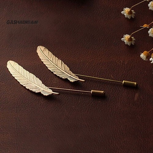 ♉GD Men Retro Golden Leaf Feather Brooch Pins Collar Suit Stick Breastpin Lapel Pin
