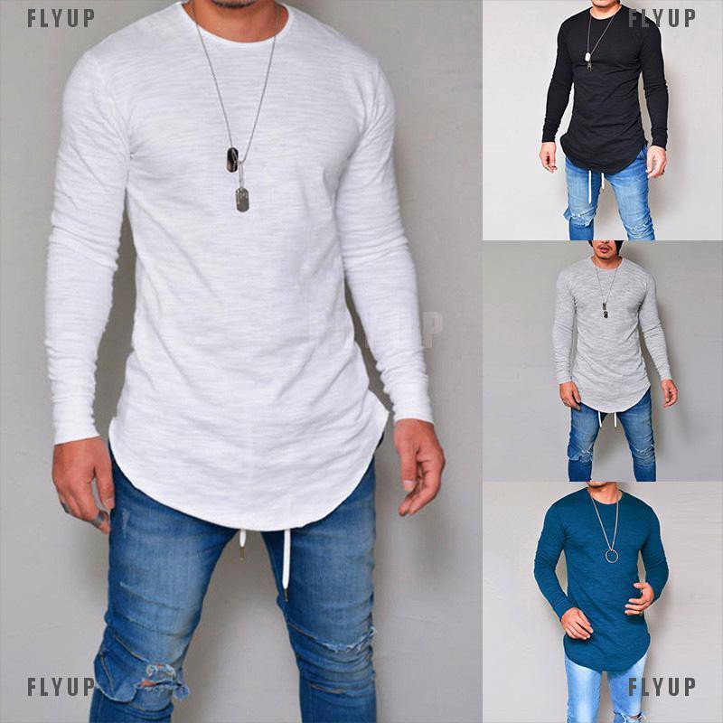 「FLYUP」Mens Gym T Shirt Longline Slim Fit Muscle Long Sleeve Curved Hem Tee Tops Casual | BigBuy360 - bigbuy360.vn