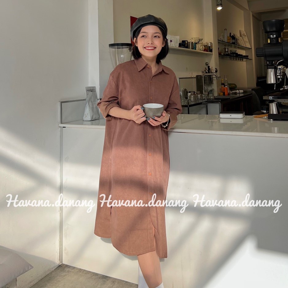 Đầm sơ mi dáng suông chất nhung AE61