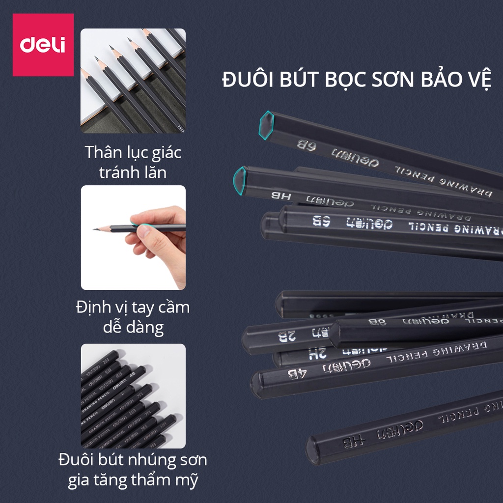 Bút chì phác thảo phiên bản cao cấp Deli - 2H, HB, 2B, 4B, 6B, 8B - Dành cho mỹ thuật chuyên nghiệp độ đậm chuẩn S998