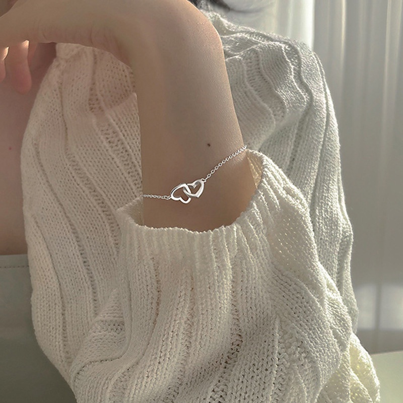 Vòng đeo tay mạ bạc mặt trái tim đôi thời trang dành cho nữ