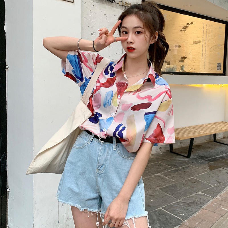 Áo sơ mi chiffon unisex tay ngắn in hoa thời trang | BigBuy360 - bigbuy360.vn