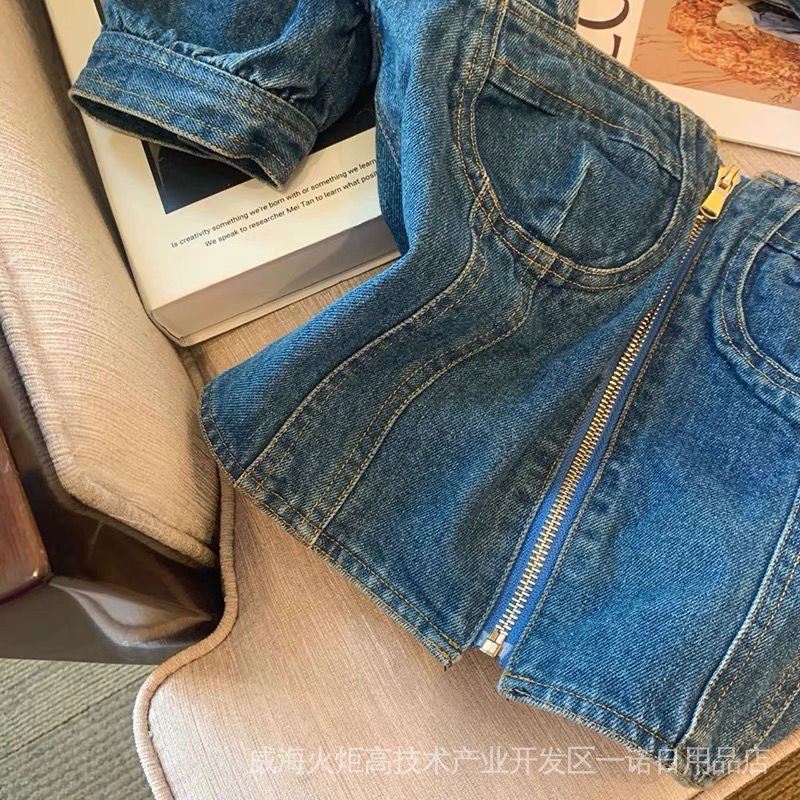 Áo Denim Ngắn Tay Cổ Vuông Dáng Ôm Thời Trang Mùa Hè Dành Cho Nữ