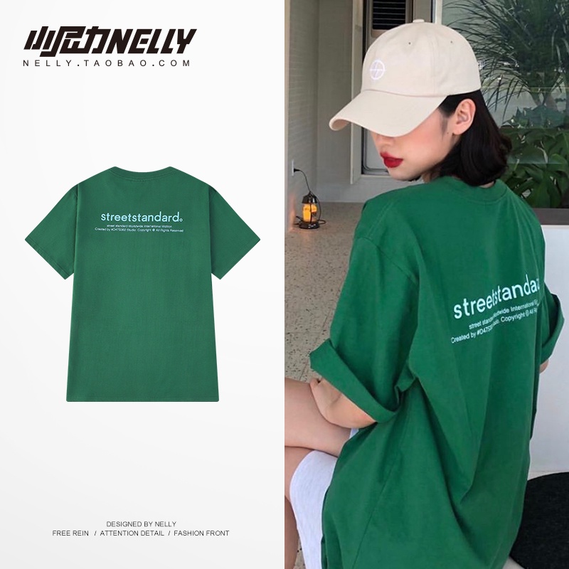 Áo thun tay lỡ NELLY cotton 4 chiều dáng unisex màu xanh basic
