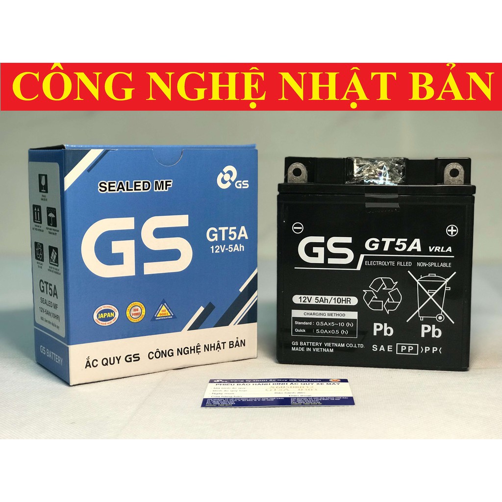 Bình Ắc Quy Khô GS GT5A Dream, Wave alpha tới 2005, Future Đầu, Sirius không Fi, Jupiter không Fi, Taurus, Mio (12V-5Ah)