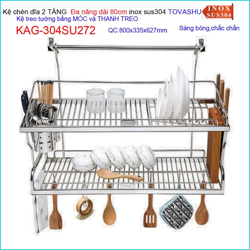 Kệ đựng chén bát Inox Tovashu KAG-304SU272, kệ chén dĩa 2 tầng inox 304 Nhật Bản 80cm có móc treo