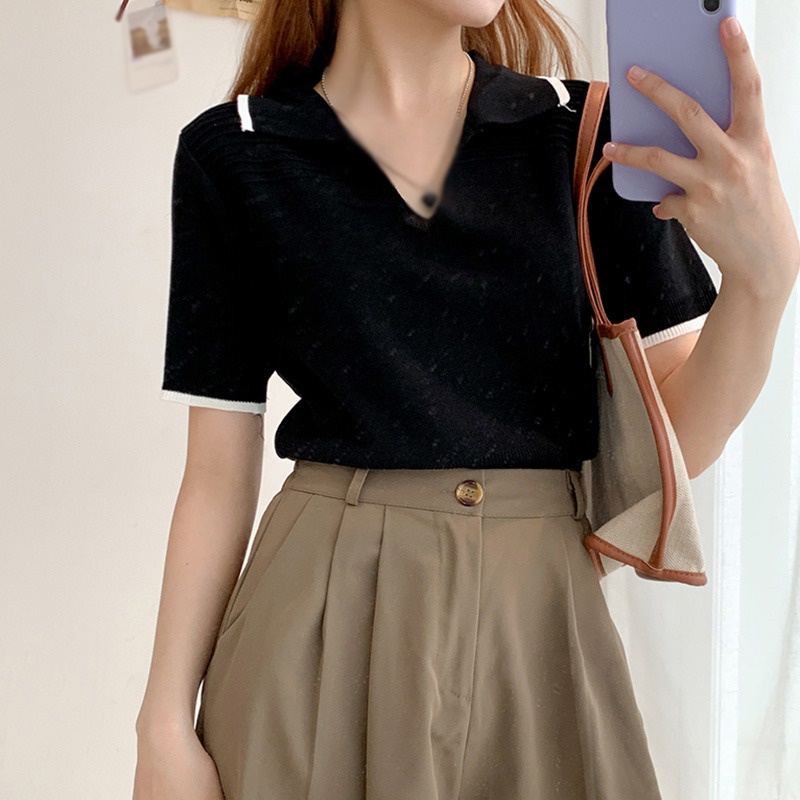 Áo Thun Dệt Kim Tay Ngắn Cổ Bẻ Đơn Giản Phong Cách Retro Mùa Hè Cho Nữ