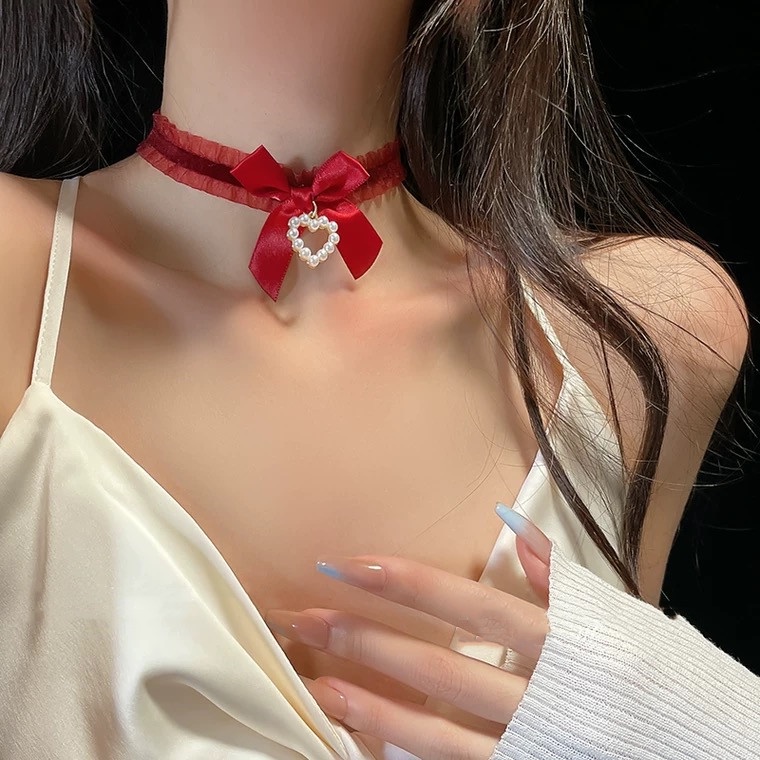 Vòng Cổ choker Dây Xích Mặt Nơ Đen Đính Ngọc Trai Cho Nữ