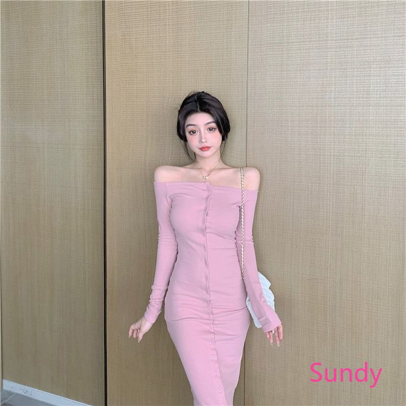 Off-shoulder Single-breasted Dress Women's Autumn Mid-length Dress