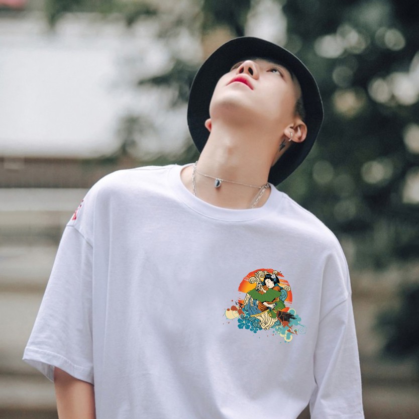 Áo phông nam nữ unisex tay lỡ Phong Cách Nhật Nghệ Sĩ Múa Quạt Geisha, áo thun oversize form rộng tay lỡ streetwear