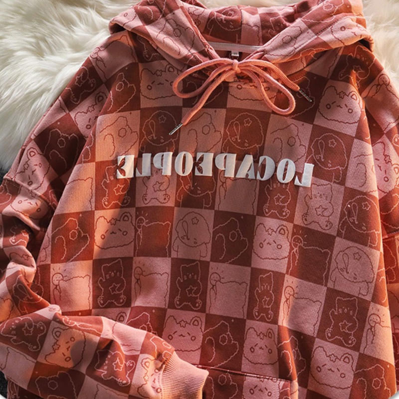 Xiaozhainv Áo Nỉ Hoodie Tay Dài Dáng Rộng In Họa Tiết Caro Phong Cách Retro 3 Màu Lựa Chọn | BigBuy360 - bigbuy360.vn