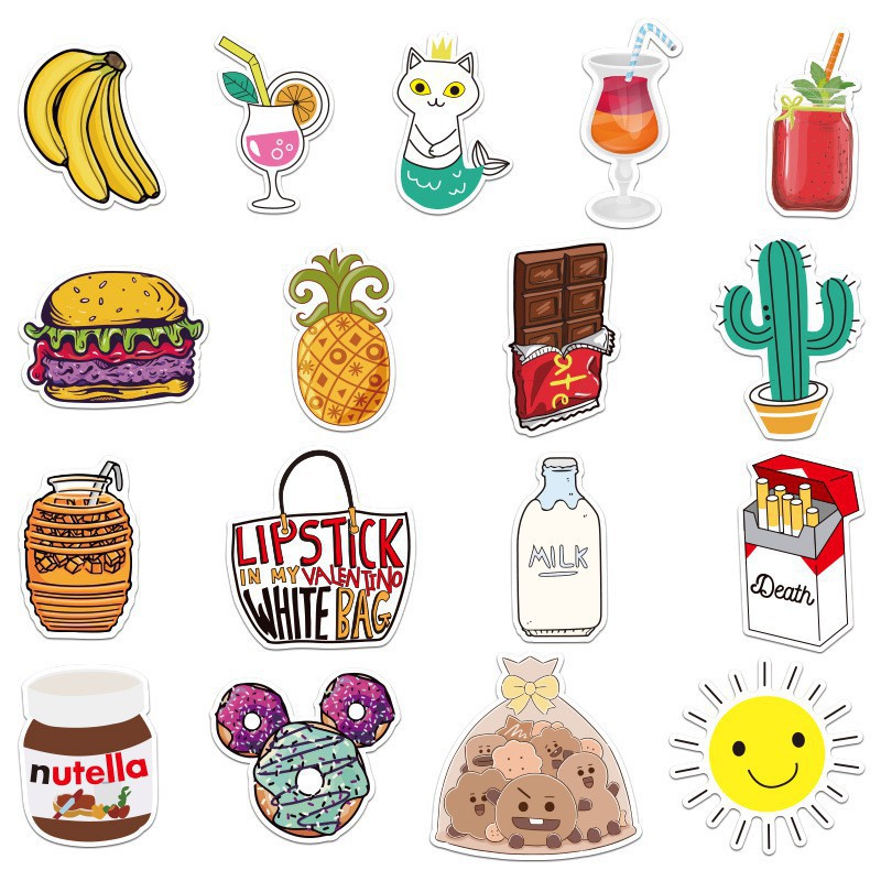 SET 100 MIẾNG STICKER ĐỒ ĂN FOODAHOLIC CHỐNG NƯỚC DÁN NÓN BẢO HIỂM, LAPTOP, VALI, TỦ, BÀN HỌC, XE MÁY