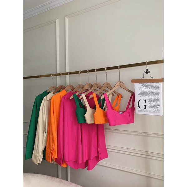 Set 3 món cực cá tính áo sơ mi phối áo dây croptop kèm quần short