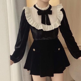 [HÀNG CAO CẤP] Set chân váy quần + áo nhung đen viền bèo trắng