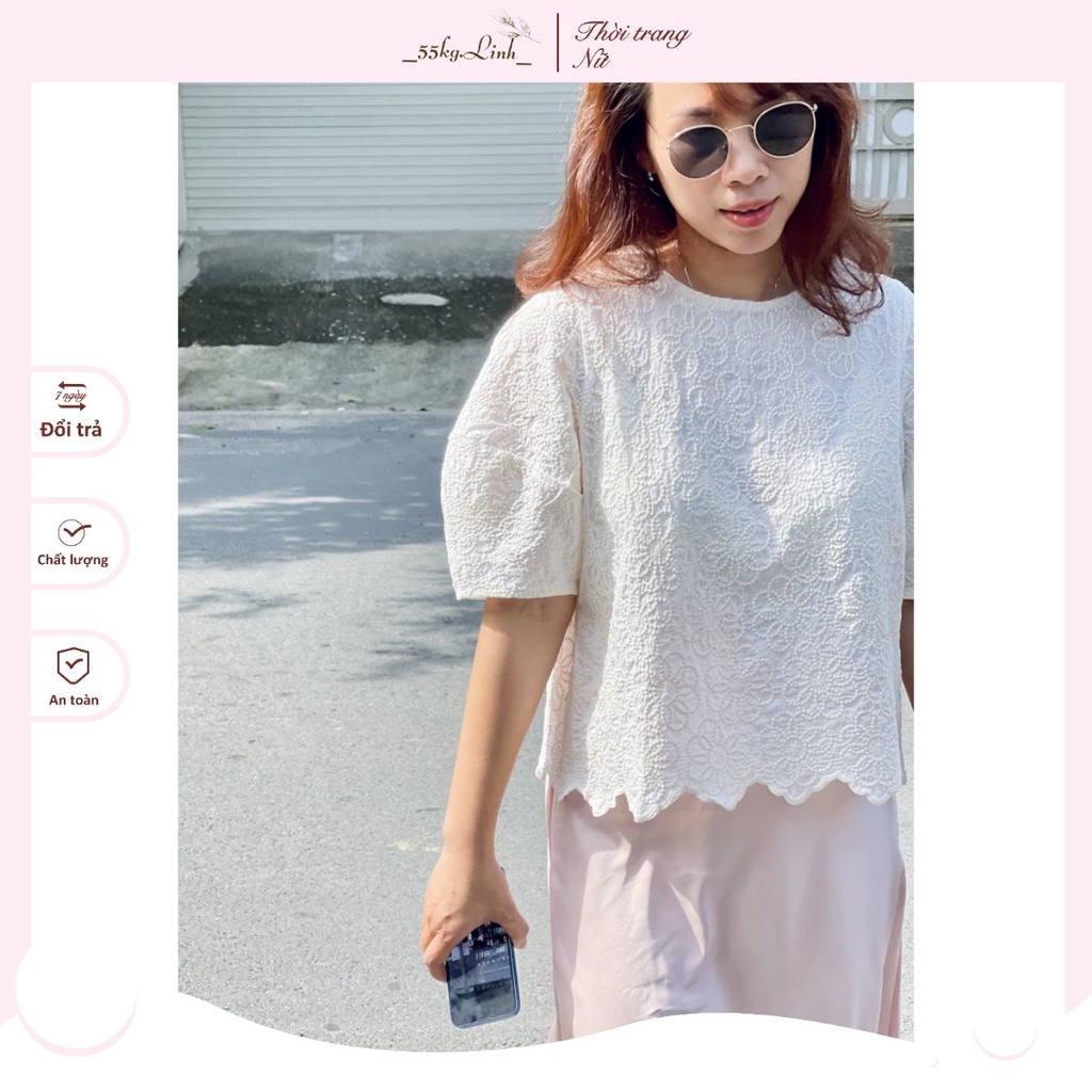 (HÀNG SẴN - HÌNH THẬT) Áo sơ mi tay ngắn thêu hoa, vạt áo thêu chân cao cấp, dễ phối đồ Freesize đến 63kg