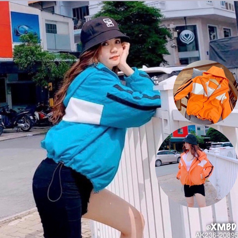 Áo Khoác Dù Nữ 2 Lớp Chất Siêu Đẹp Jackets Gió Trơn Phối Trắng Sau XANH CAM - MK236