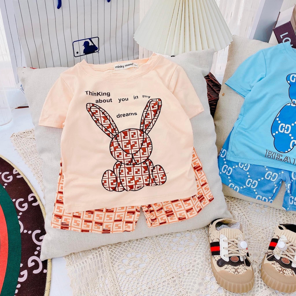Bộ cộc ngắn Minky thun lạnh phối hình gấu thỏ lạ mắt size 80-120 cho bé