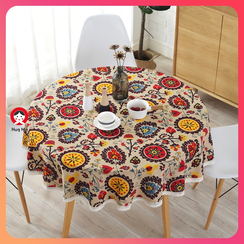 Khuyến Mãi 🔴 Khăn Trải Bàn Tròn Phối Ren Phong Cách Bohemian Dân Tộc HUGME