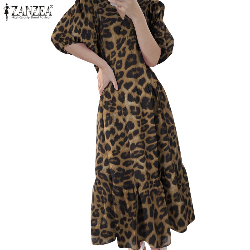 ZANZEA Đầm Maxi Tay Phồng Họa Tiết Da Báo Thời Trang Cho Nữ | BigBuy360 - bigbuy360.vn