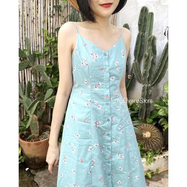 Đầm hai dây hoa nhí phom 7 mảnh tôn dáng chất cotton lụa