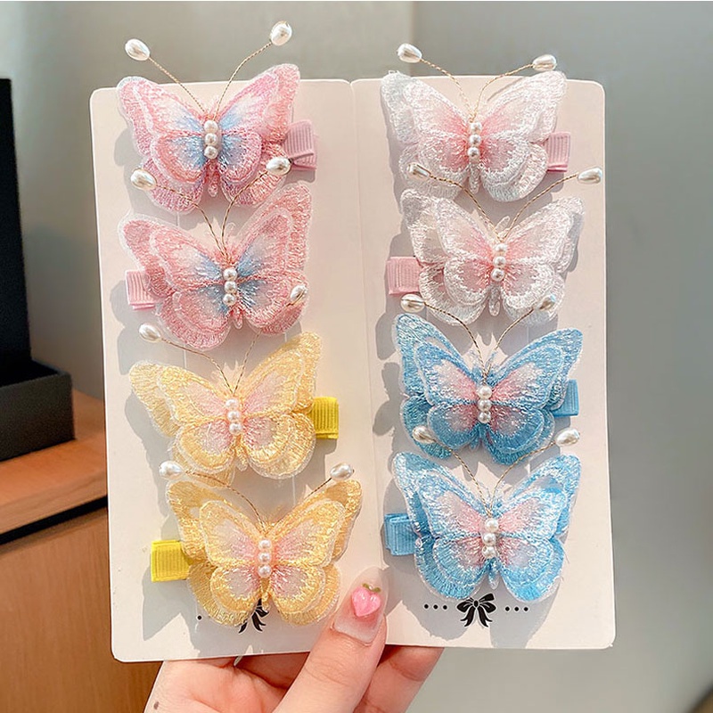 Kẹp Tóc Lưới Thêu Hình Bướm Hai Lớp Đính Ngọc Trai / Bướm Màu Gradient Thanh Lịch