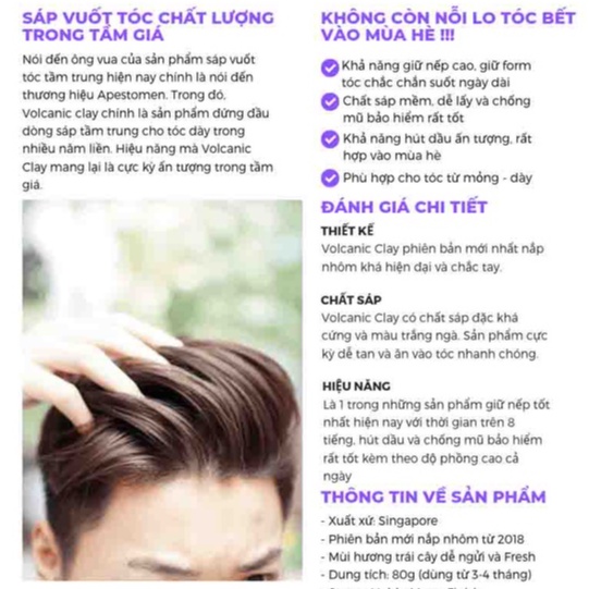 Sáp vuốt tóc nam Volcanic Clay , Xịt tạo phồng tóc nam nữ Pre Styling Ocean Spray , tạo kiểu tóc , giữ nếp tóc