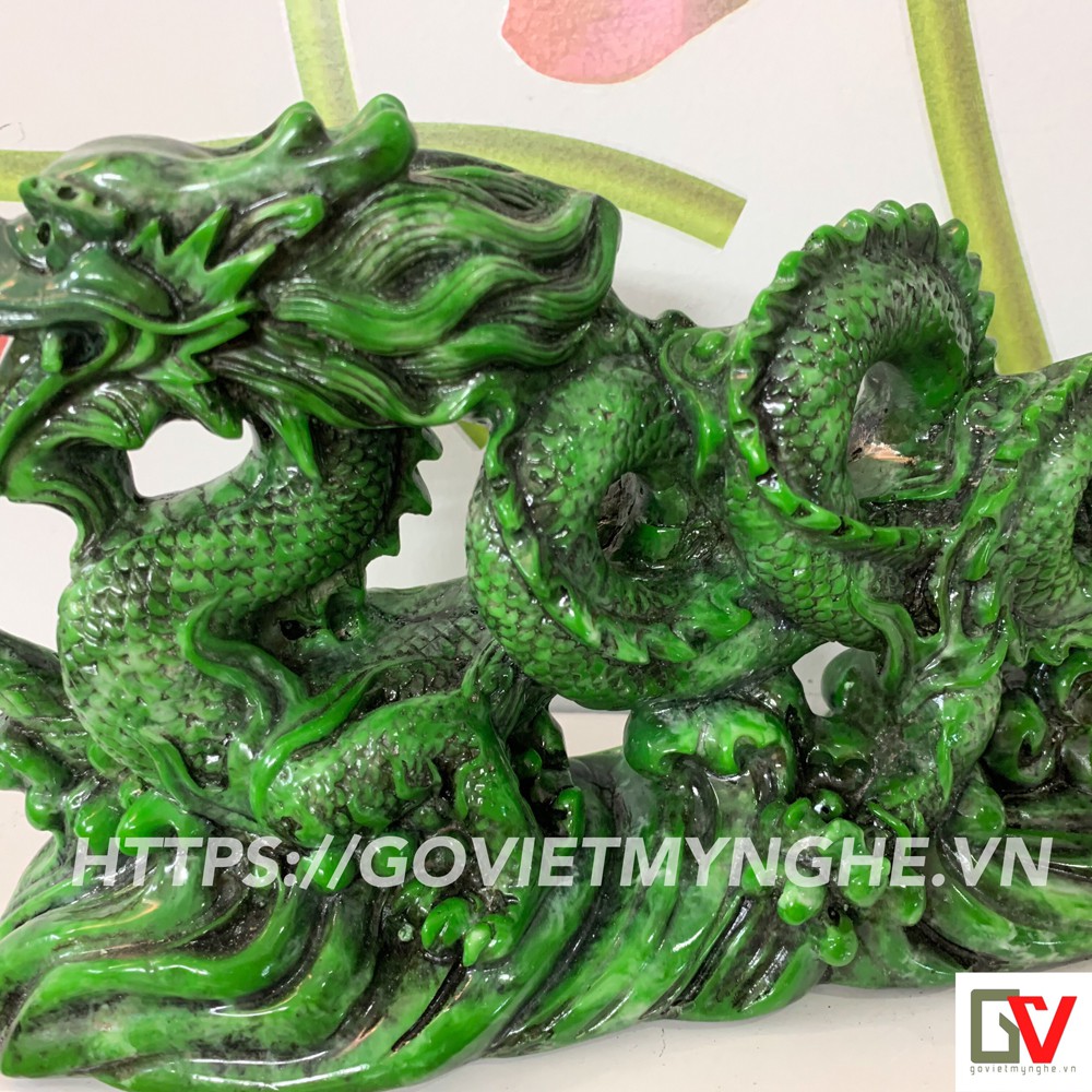 Tượng Đá Trang Trí Thanh Long Phong Thủy - Tượng Rồng Đá Xanh Lục Bích - Đá Composite - Dài 26cm