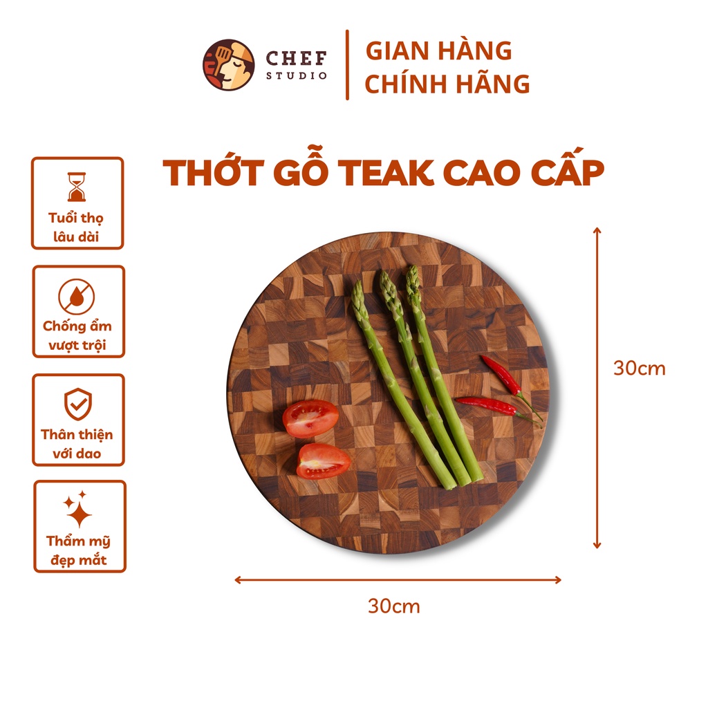 Thớt gỗ Teak Chef Studio cao cấp hình tròn, đa dụng, an toàn cho sức khỏe, size 30x30 cm