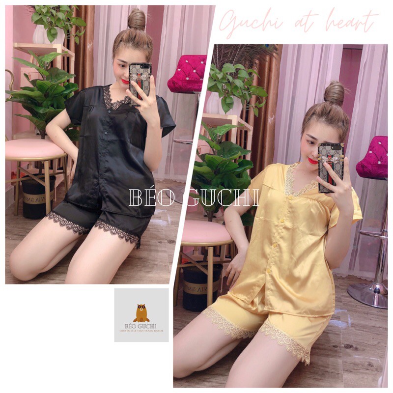 Đùi cổ tim trơn 50-110kg K1CTS Béo Guchi Pijama Bigsize Lụa Satin - Đồ bộ nữ mặc nhà