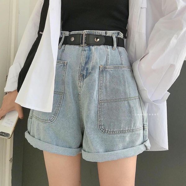 Quần Short Jean Nữ Túi Đáp Trước JEM CLOSET Quần Đùi Nữ Ống Rộng Thoải Mái Màu Xanh Nhạt Lên Form Siêu Thon Chân 2265