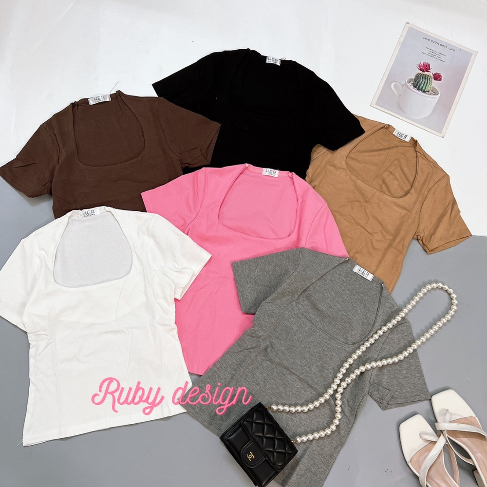 Áo thun nữ kiểu ngắn tay cổ vuông chất bozip co giãn, cổ U phom ôm nhiều màu - Ruby design