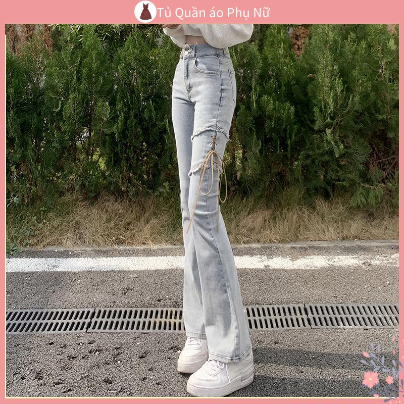 Qu > twy n > l > ng Hot Girl Quần Jean Buộc Dây Màu Sáng Eo cao Co Giãn Thời Trang Mùa Xuân Sang Trọng Cho Nữ