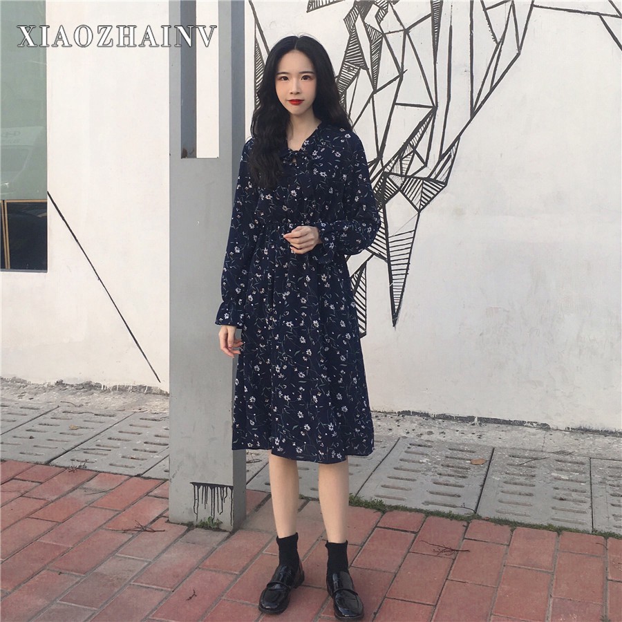 Xiaozhainv Đầm ôm eo tay dài họa tiết hoa nhỏ xinh xắn thời trang nữ phong cách vintage