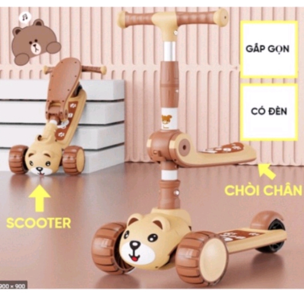 Xe Scooter Cho Bé Hình Gấu Bear Có Nhạc , Có Đèn Phát Sáng