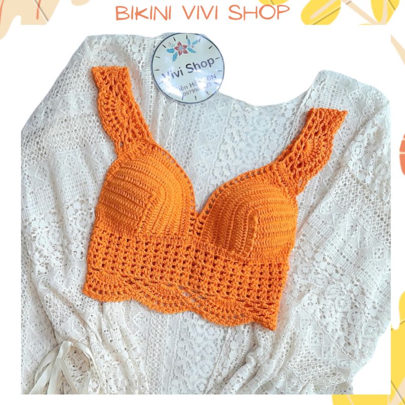 Áo Len Móc Đi Biển, Áo Len Đan Tay Cánh Tiên Màu Cam, Đồ Tắm Biển Nữ (Kèm Ảnh Thật)