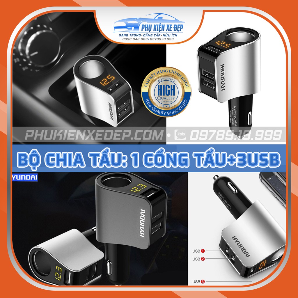 Chia tẩu sạc ô tô ⚡FREESHIP⚡ 1 Tẩu cổng 3 USB sạc nhanh Hyundai HY-10 chính hãng bảo hành 3 tháng