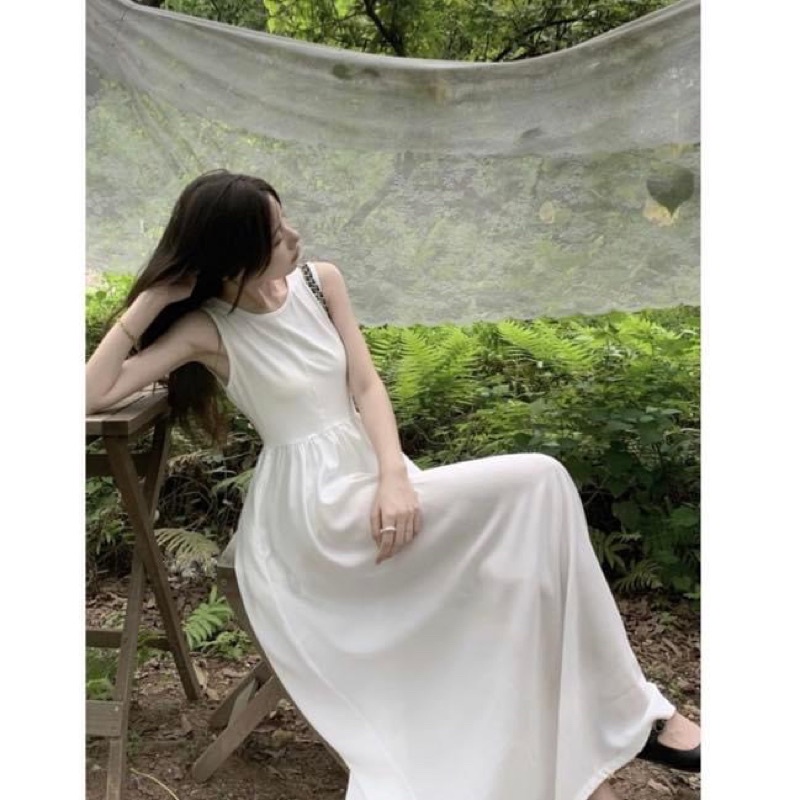 Đầm ba lỗ sát nách kiểu maxi nữ dáng suông dài xoè tiểu thư trơn - Order taobao quảng châu