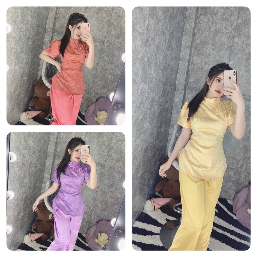 ĐỒ LAM ĐI CHÙA, MẪU GẤM TAY PHỒNG, VÀI GẤM THƯỢNG HẢI, MỊN, MÁT, KHÔNG NHÂN, ĐỒ BỘ NỮ