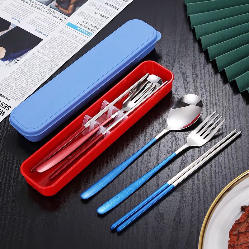 FREESHIPSet 3 Món Muỗng Đũa Nĩa Thìa Inox 304 Cá Nhân Cơm Trưa Văn Phòng Dã Ngoại Tặng Kèm Hộp Đựng Tiện Lợi