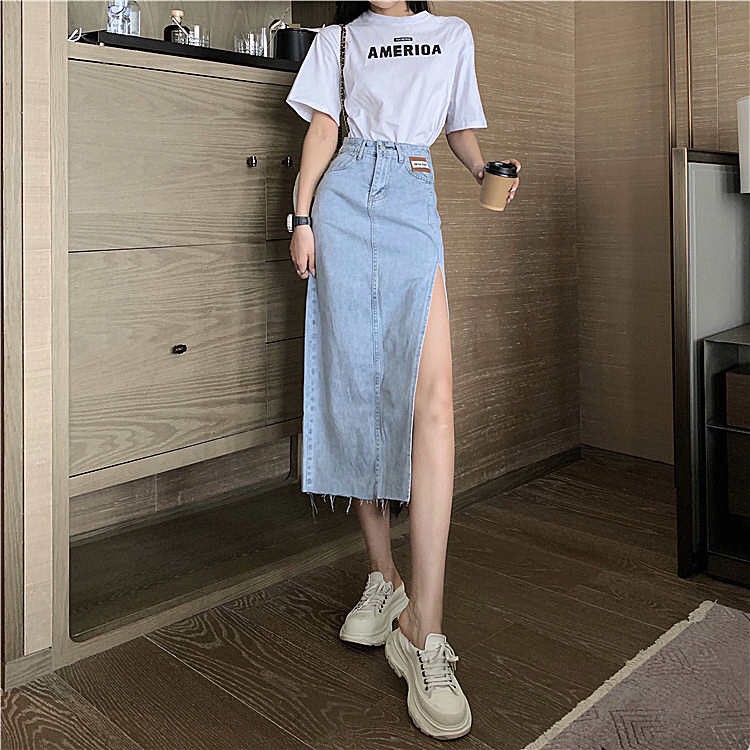 Chân váy Jean cạp cao xẻ tà 2021