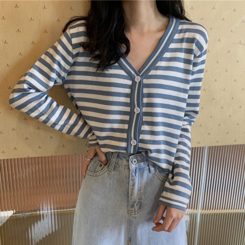 【ZHELIHANGFEI】Áo Cardigan Dệt Kim Tay Dài Dáng Rộng Lưng Cao Họa Tiết Kẻ Sọc Dễ Phối Đồ