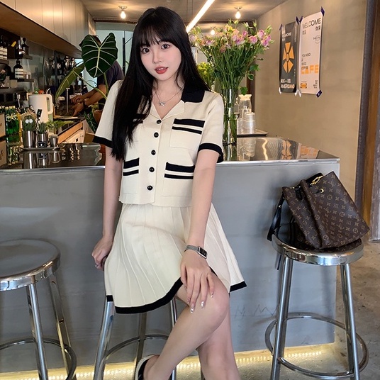 Set đồ 2 món ZHELIHANGFEI gồm áo sơ mi dệt kim cổ polo ngắn tay và chân váy eo cao phong cách gợi cảm