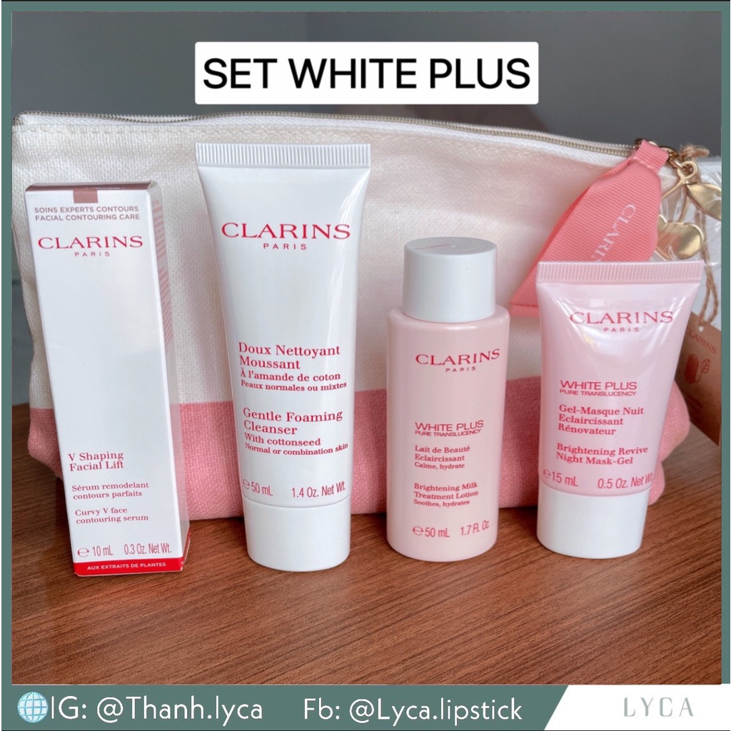SET 5 MÓN CLARINS WHITE PLUS - SERUM, LOTION, CLEANSER, V SHAPING CLARINS