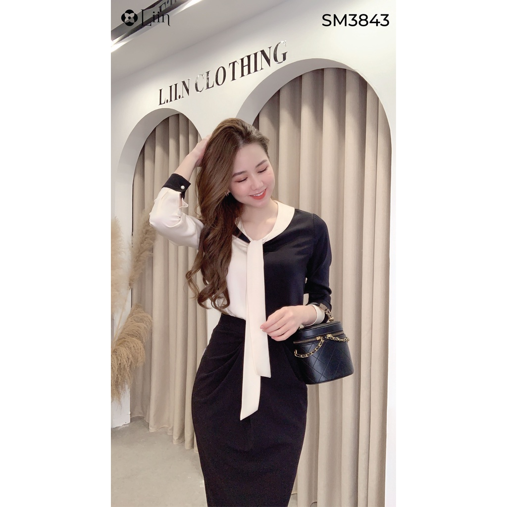 Áo sơ mi nữ dài tay chất vải Lụa Đen Phối Be cách điệu sang chảnh Liin Clothing SM3873