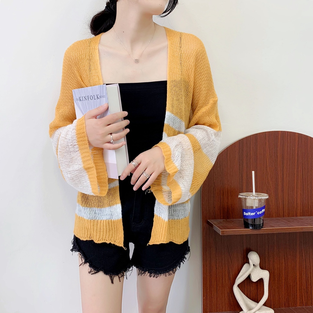 SUXI Áo Cardigan Dệt Kim Tay Dài Dáng Rộng Họa Tiết Kẻ Sọc Màu Sắc Phong Cách Hàn Quốc Thời Trang Cho Nữ