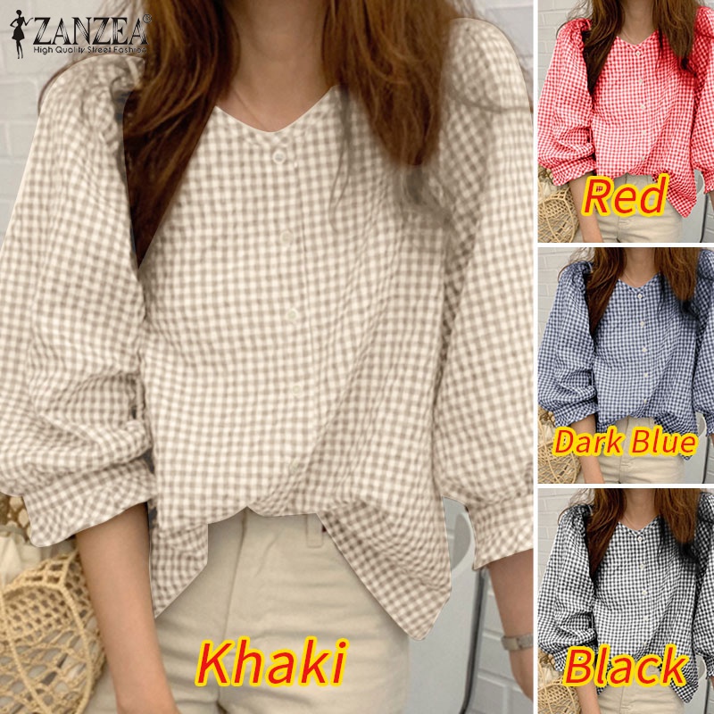 Áo sơ mi ZANZEA tay lửng dáng rộng họa tiết kẻ sọc phong cách vintage thời trang cho nữ