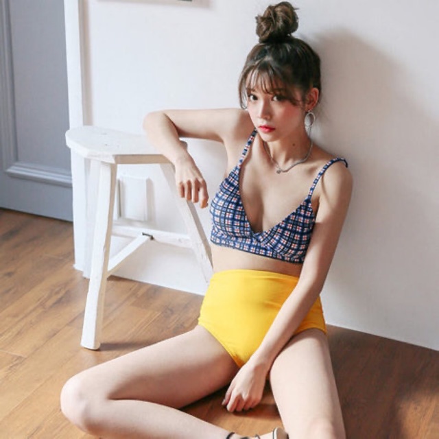 Bộ bơi nữ thời trang phân mảnh cạp cao caro