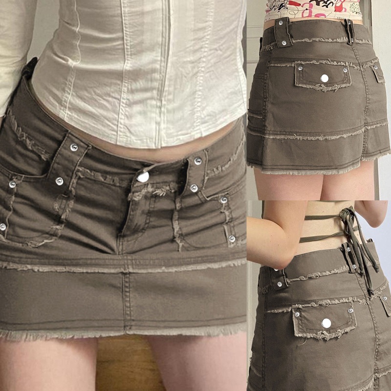 Chân Váy Jean Mini Lưng Thấp Màu Sắc Trơn Phong Cách Gothic Harajuku Vintage Dành Cho Nữ