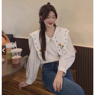 Áo Sơ Mi Nữ Form Rộng Cổ Bèo Thêu Hoa Kiểu Màu Trắng Đẹp Dài Tay Ulzzang Vintage Hàn Quốc Cao Cấp